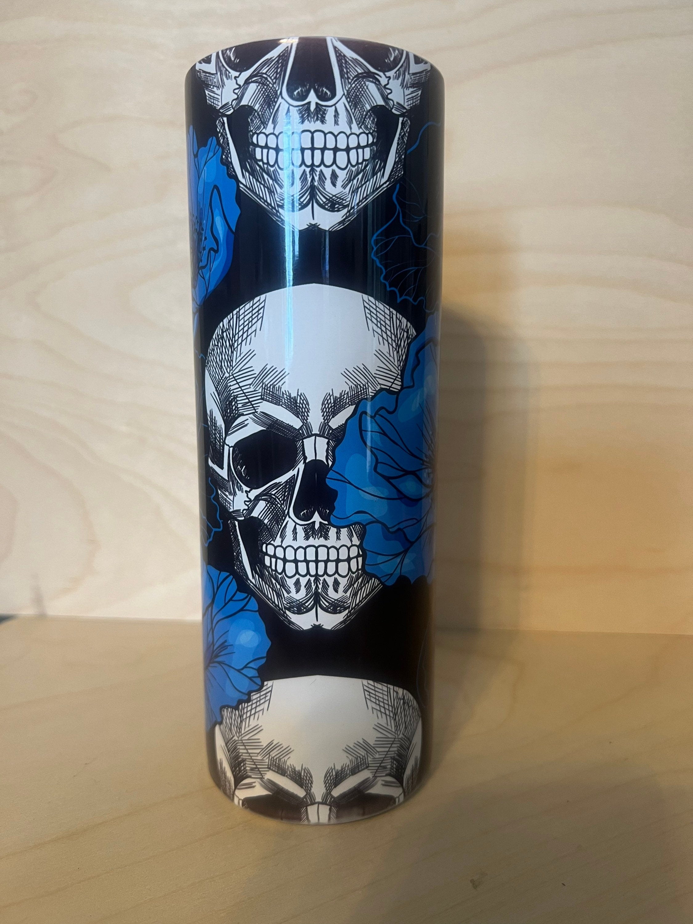 Witchy Skull & Blue Flowers Tumbler: Glow in Dark or Glitter Look