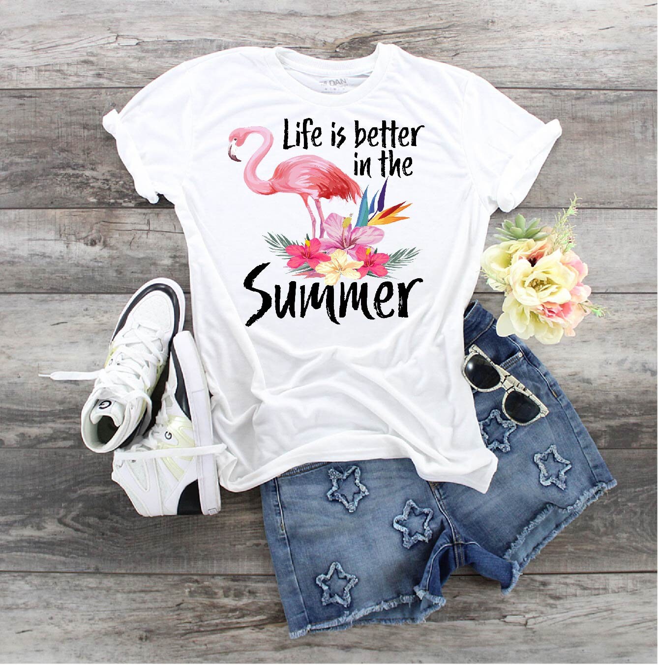 Flamingo Summer Tee: Tropical Flowers, Vacation Top