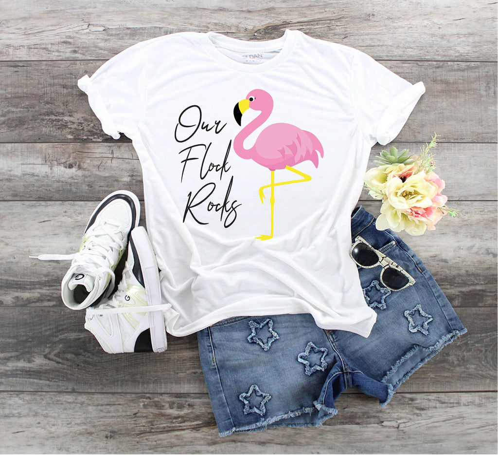 Our Flock Rocks Flamingo Tee - Summer Vacation Shirt