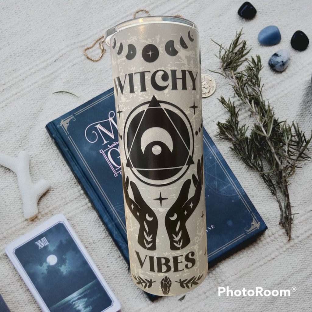 Witchy Vibes Tumbler: Celestial Moons, Glow in Dark 20 oz Cup