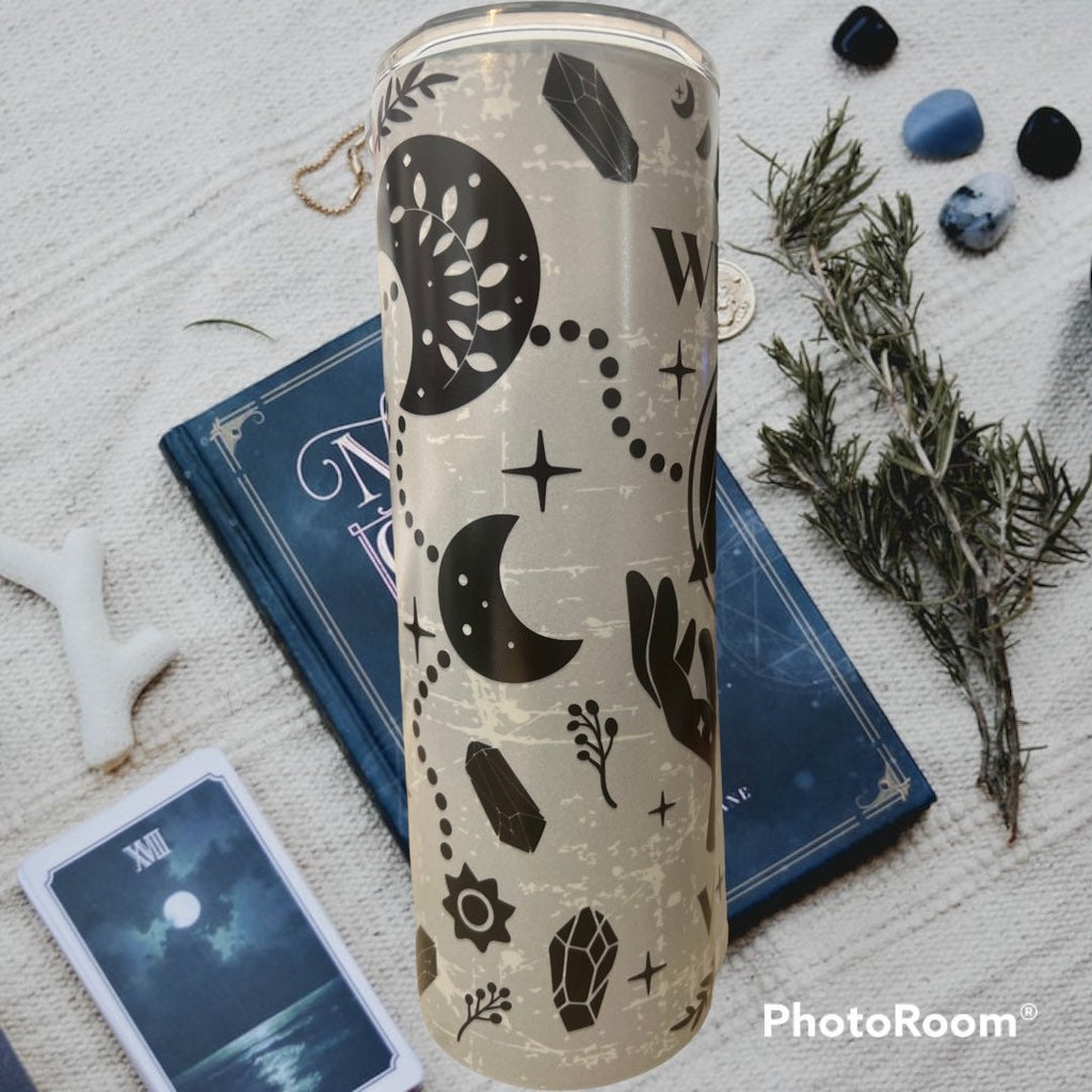 Witchy Vibes Tumbler: Celestial Moons, Glow in Dark 20 oz Cup