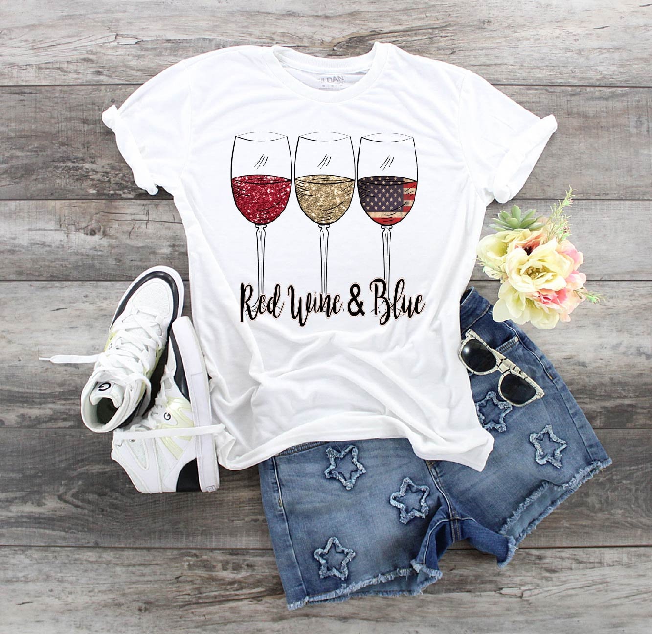 Red Wine & Blue 4th of July T-Shirt: Patriotic Wine Glasses