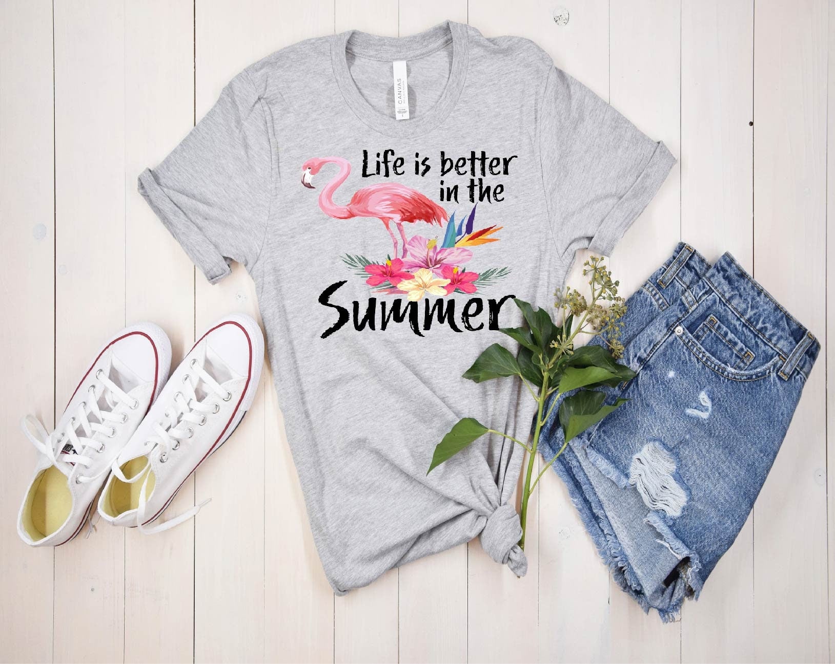 Flamingo Summer Tee: Tropical Flowers, Vacation Top