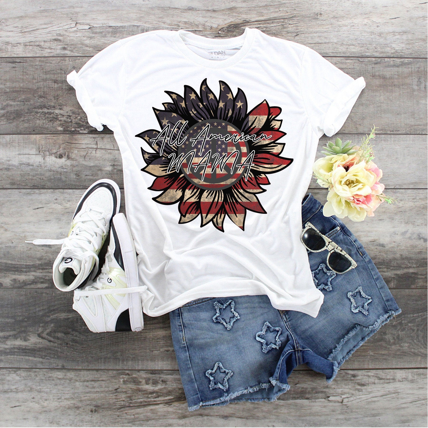 All American Mama T-Shirt: Patriotic Sunflower Flag Tee
