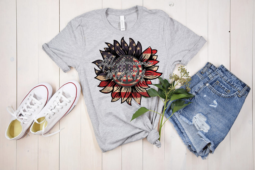 All American Mama T-Shirt: Patriotic Sunflower Flag Tee