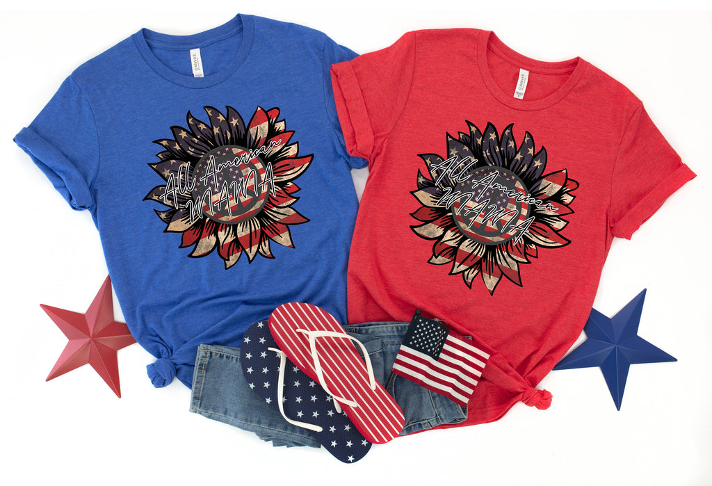 All American Mama T-Shirt: Patriotic Sunflower Flag Tee