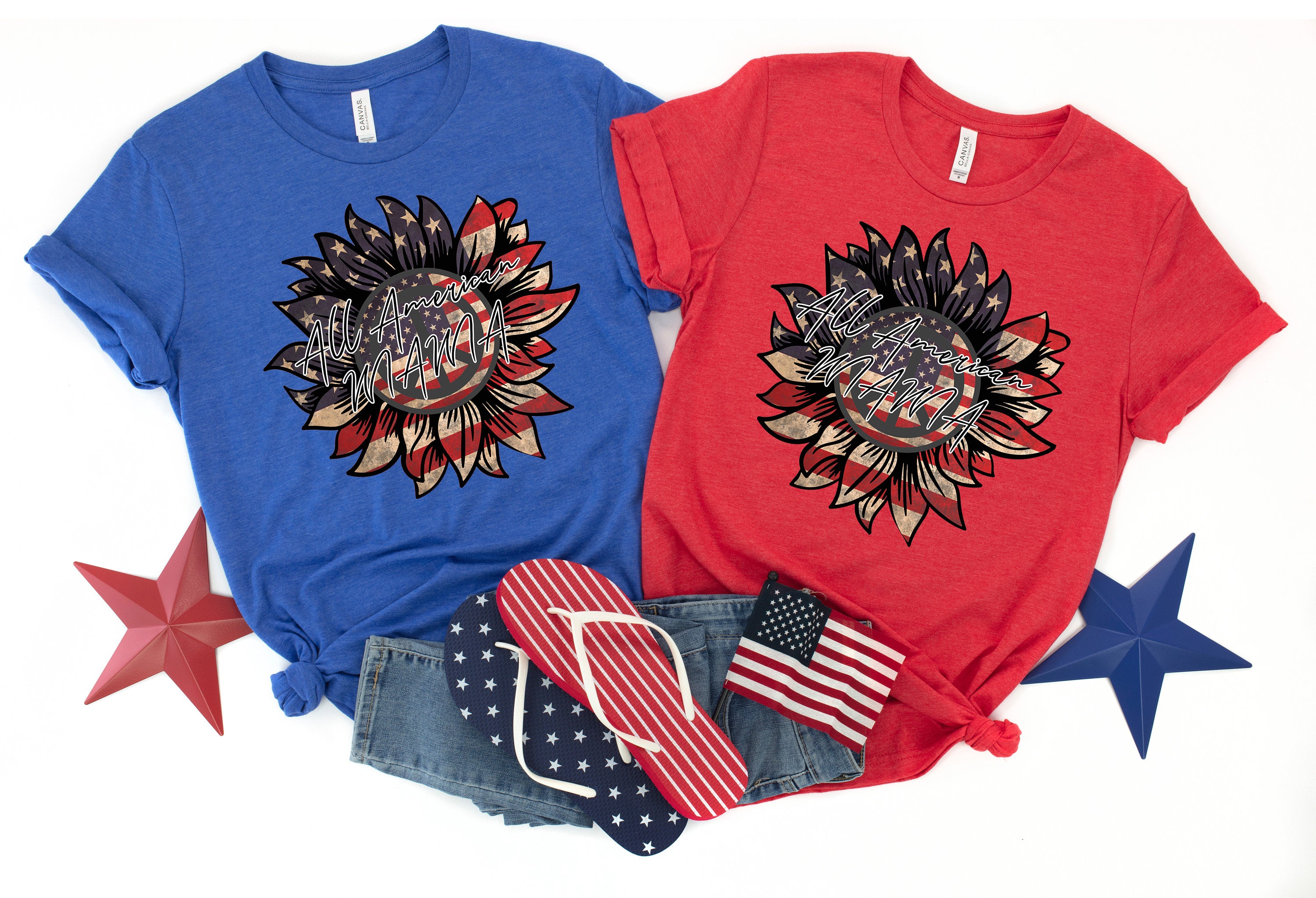 All American Mama T-Shirt: Patriotic Sunflower Flag Tee