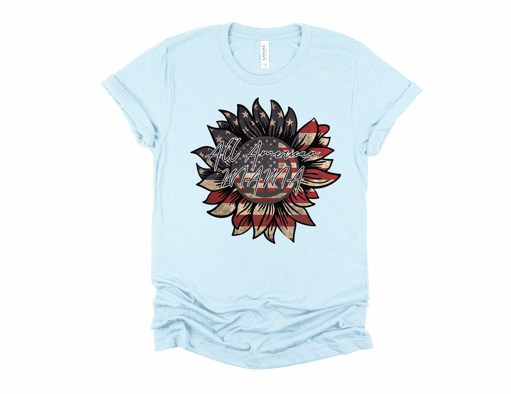 All American Mama T-Shirt: Patriotic Sunflower Flag Tee