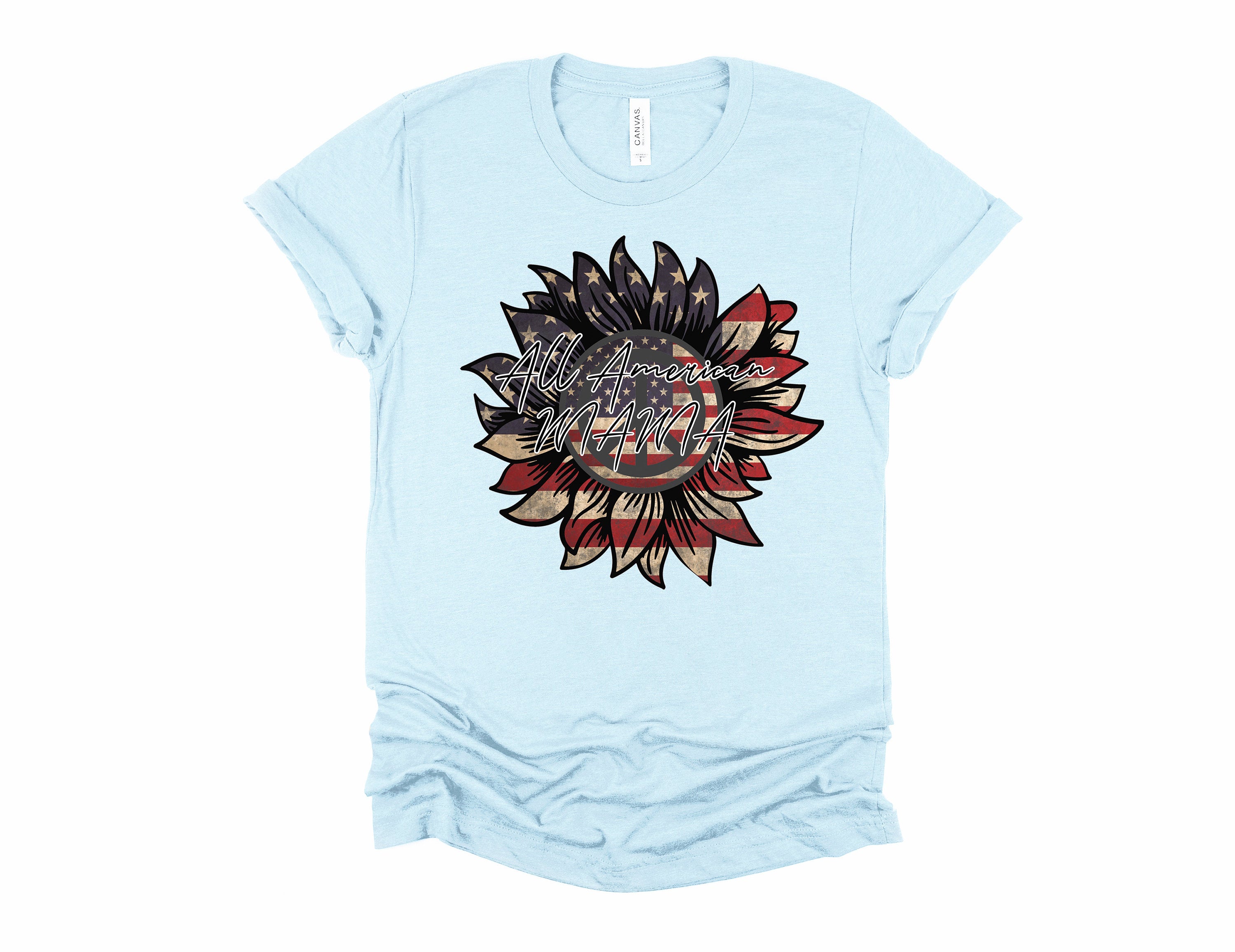 All American Mama T-Shirt: Patriotic Sunflower Flag Tee