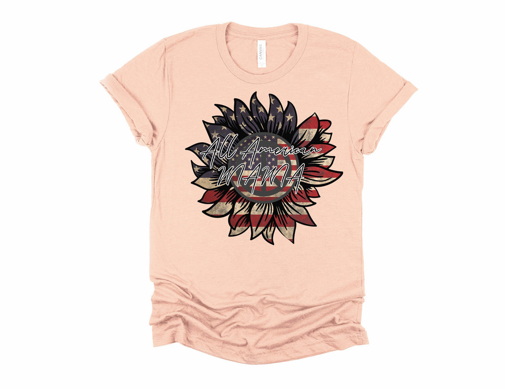 All American Mama T-Shirt: Patriotic Sunflower Flag Tee