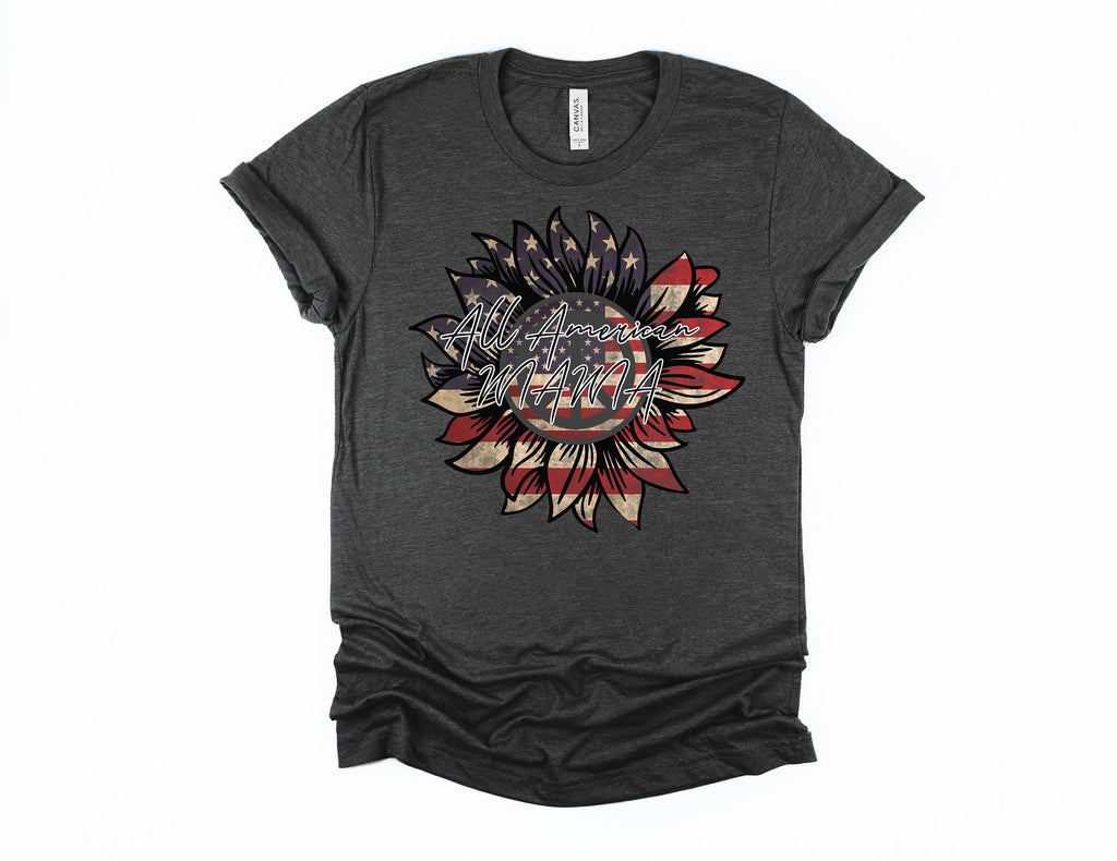 All American Mama T-Shirt: Patriotic Sunflower Flag Tee