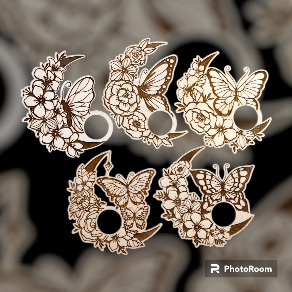 Laser Engraved Wood Crystal Sphere Holder: Moon Flowers Butterfly Design