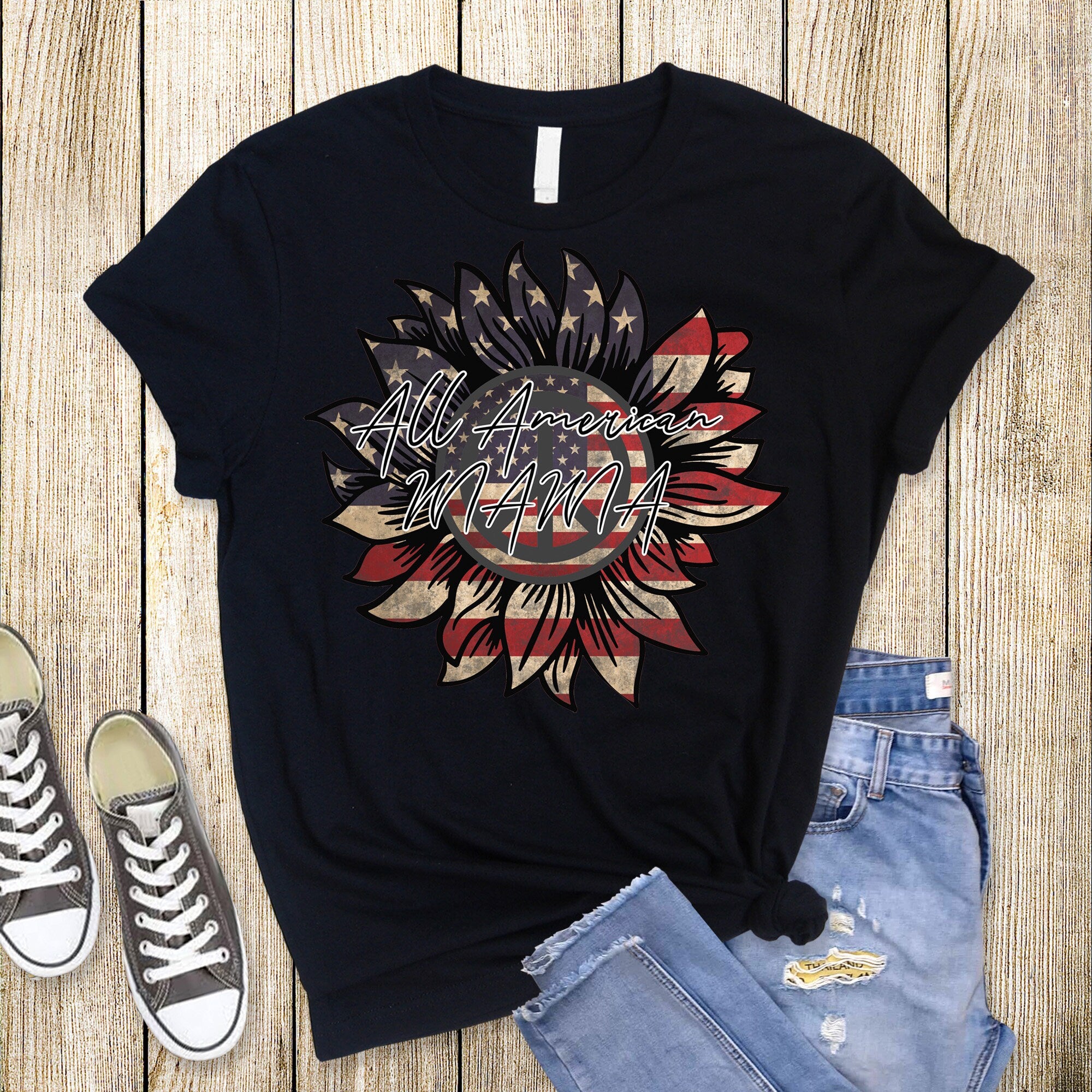 All American Mama T-Shirt: Patriotic Sunflower Flag Tee