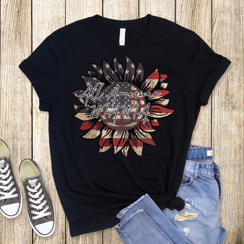 All American Mama T-Shirt: Patriotic Sunflower Flag Tee