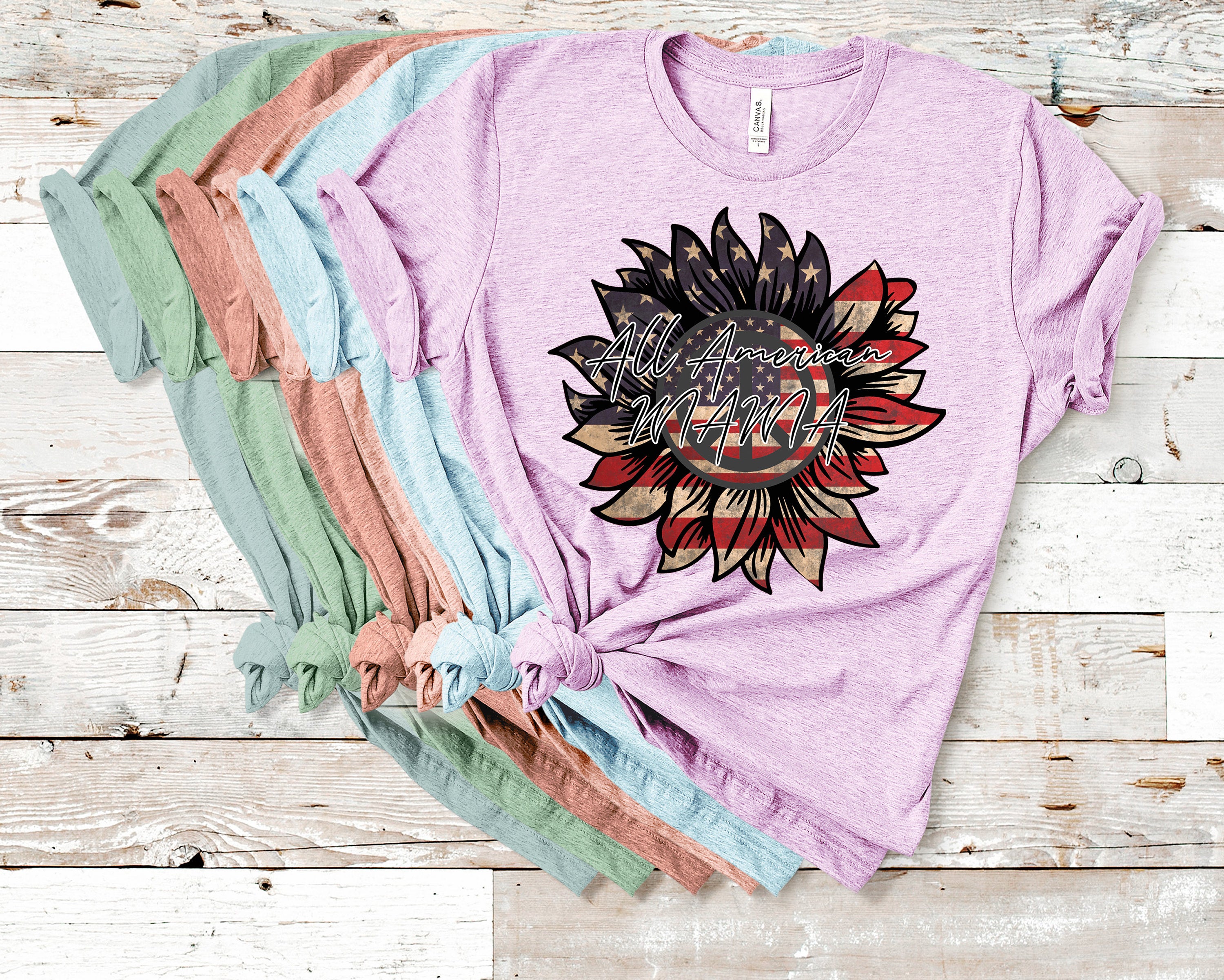 All American Mama T-Shirt: Patriotic Sunflower Flag Tee