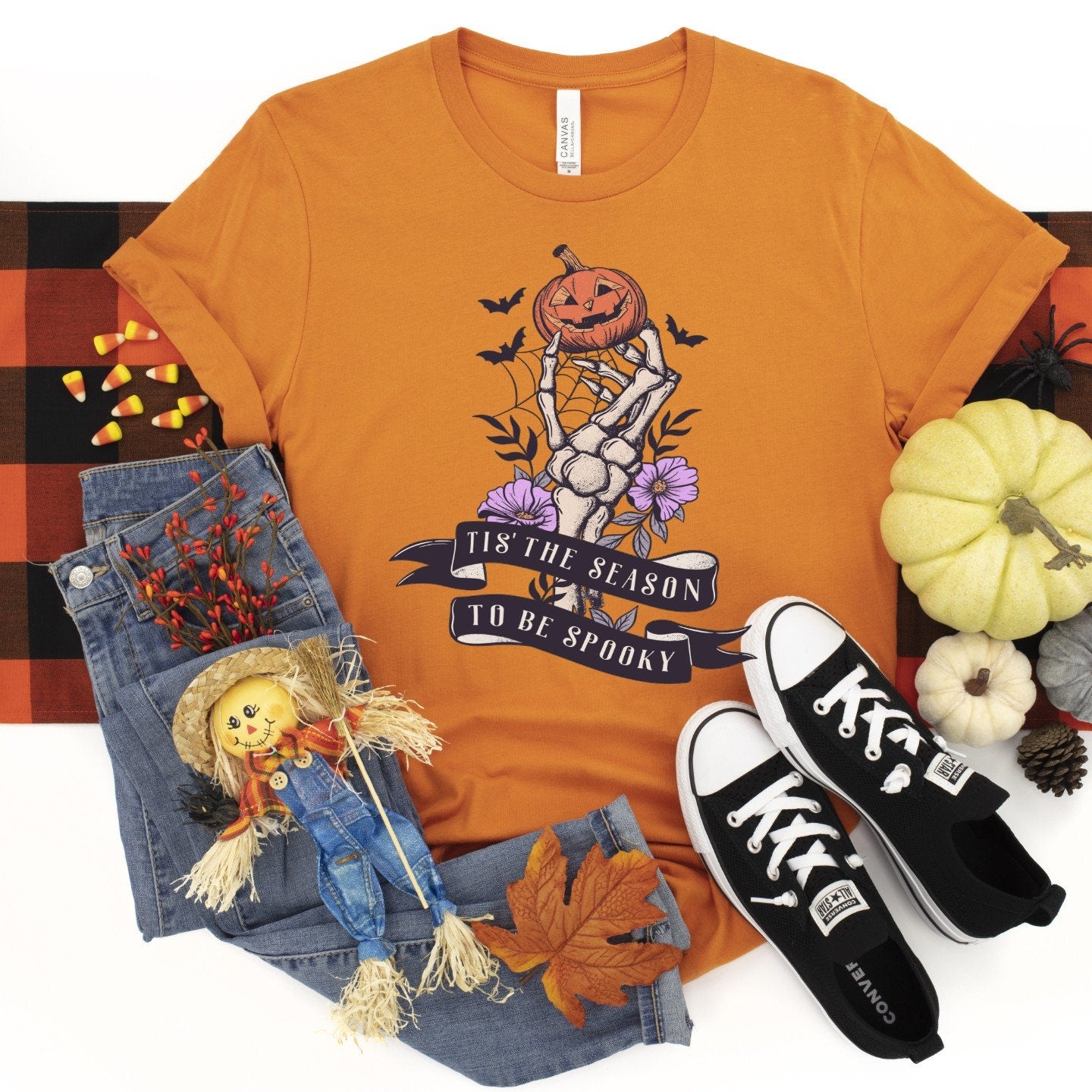Spooky Season T-Shirt: Skeleton Hand & Pumpkin Halloween Tee