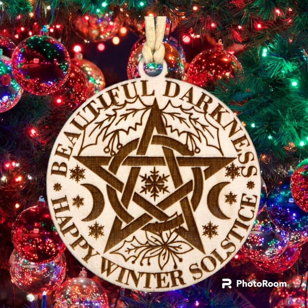 Handmade Wooden Yule Ornament: Pentacle Winter Solstice Pagan Decor