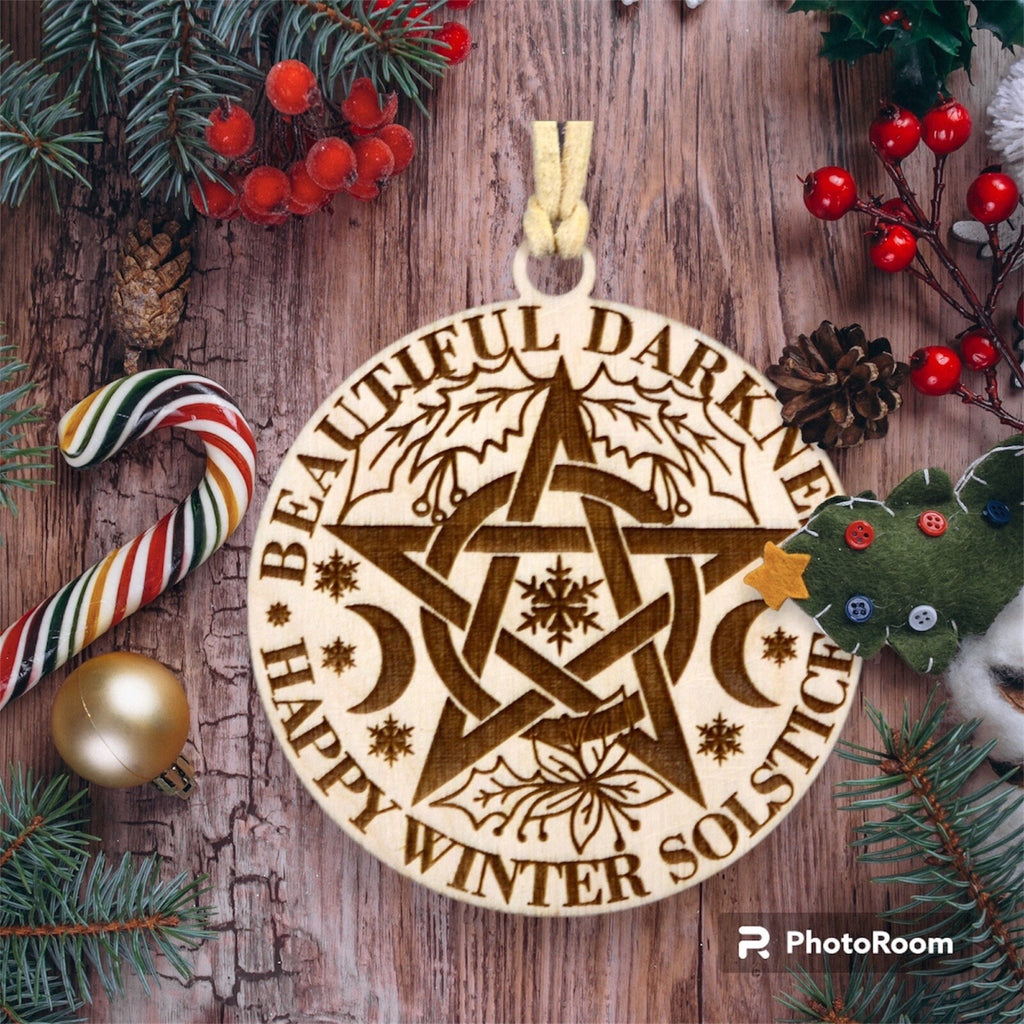 Handmade Wooden Yule Ornament: Pentacle Winter Solstice Pagan Decor