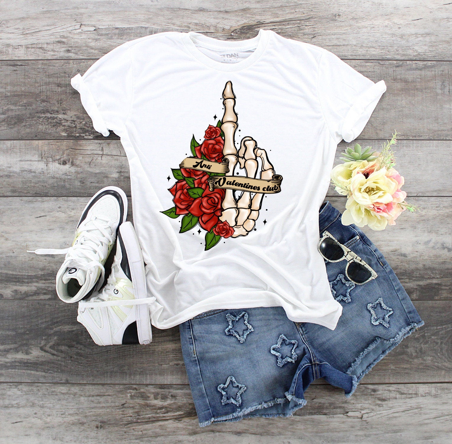 Skeleton Hand Anti-Valentine Club Shirt: Goth Flowers, Creepy Valentine