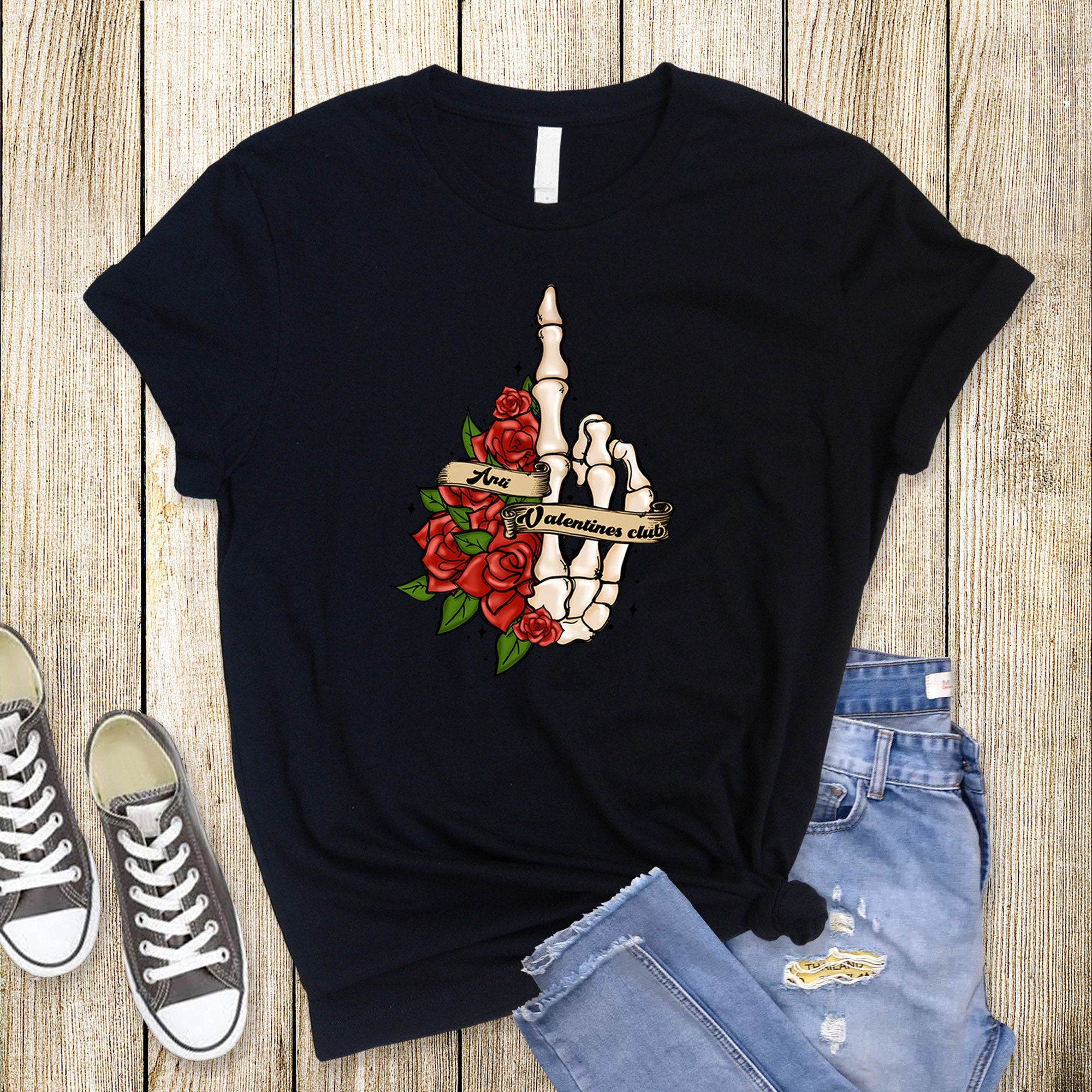 Skeleton Hand Anti-Valentine Club Shirt: Goth Flowers, Creepy Valentine