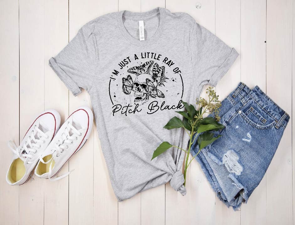Skull  Butterflies Graphic Tee: Edgy Halloween Shirt, Just A Ray of Pitch Black