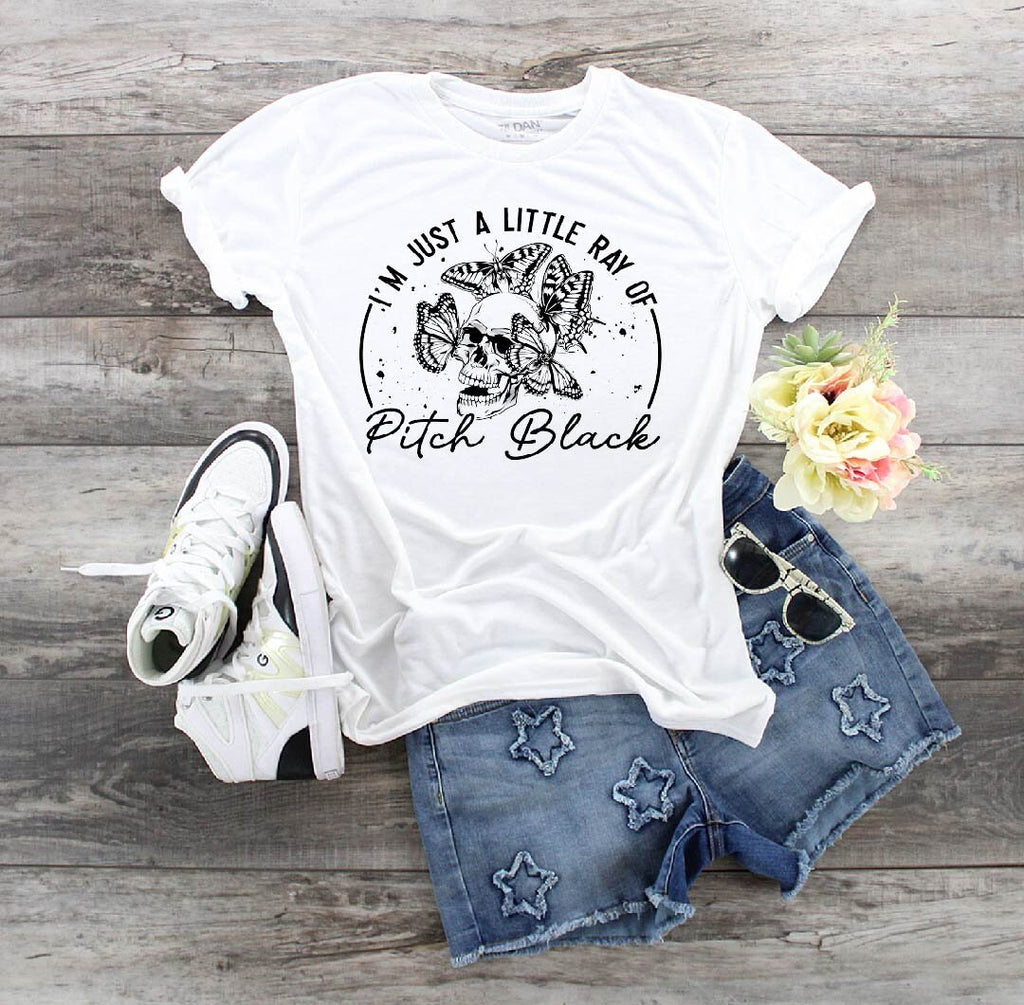 Skull Butterflies Graphic Tee: Edgy Halloween Shirt, Just A Ray of Pitch Black