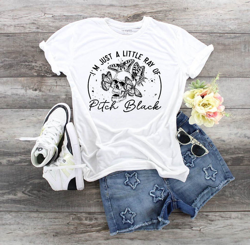 Skull  Butterflies Graphic Tee: Edgy Halloween Shirt, Just A Ray of Pitch Black