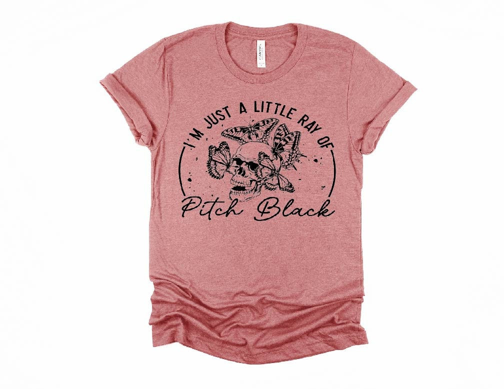 Skull Butterflies Graphic Tee: Edgy Halloween Shirt, Just A Ray of Pitch Black