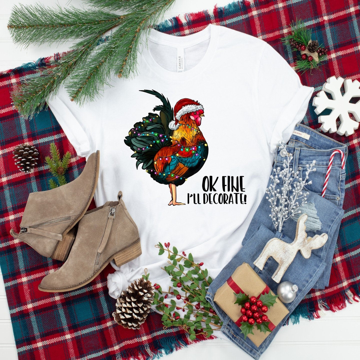 Funny Christmas Rooster Tee: "OK I'll Decorate" Chicken Shirt