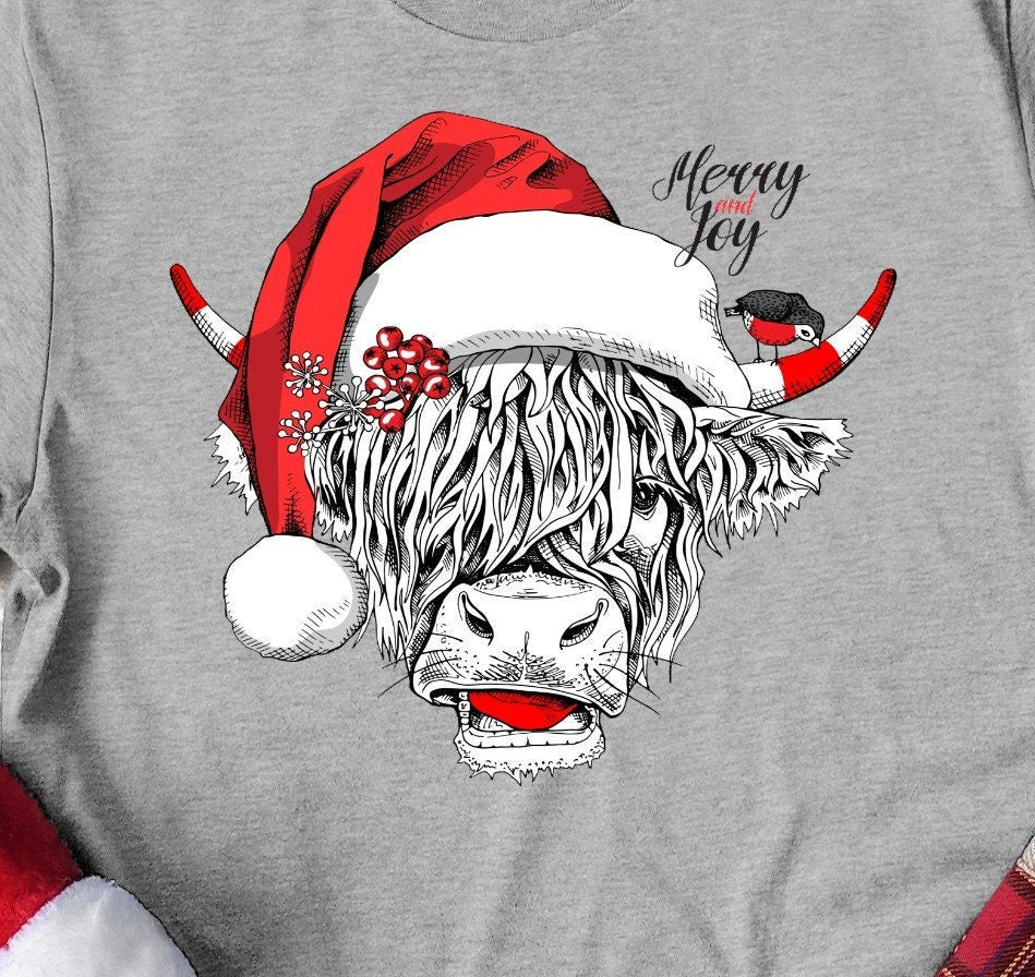 Christmas Highland Cow T-Shirt: Santa Hat Holiday Tee