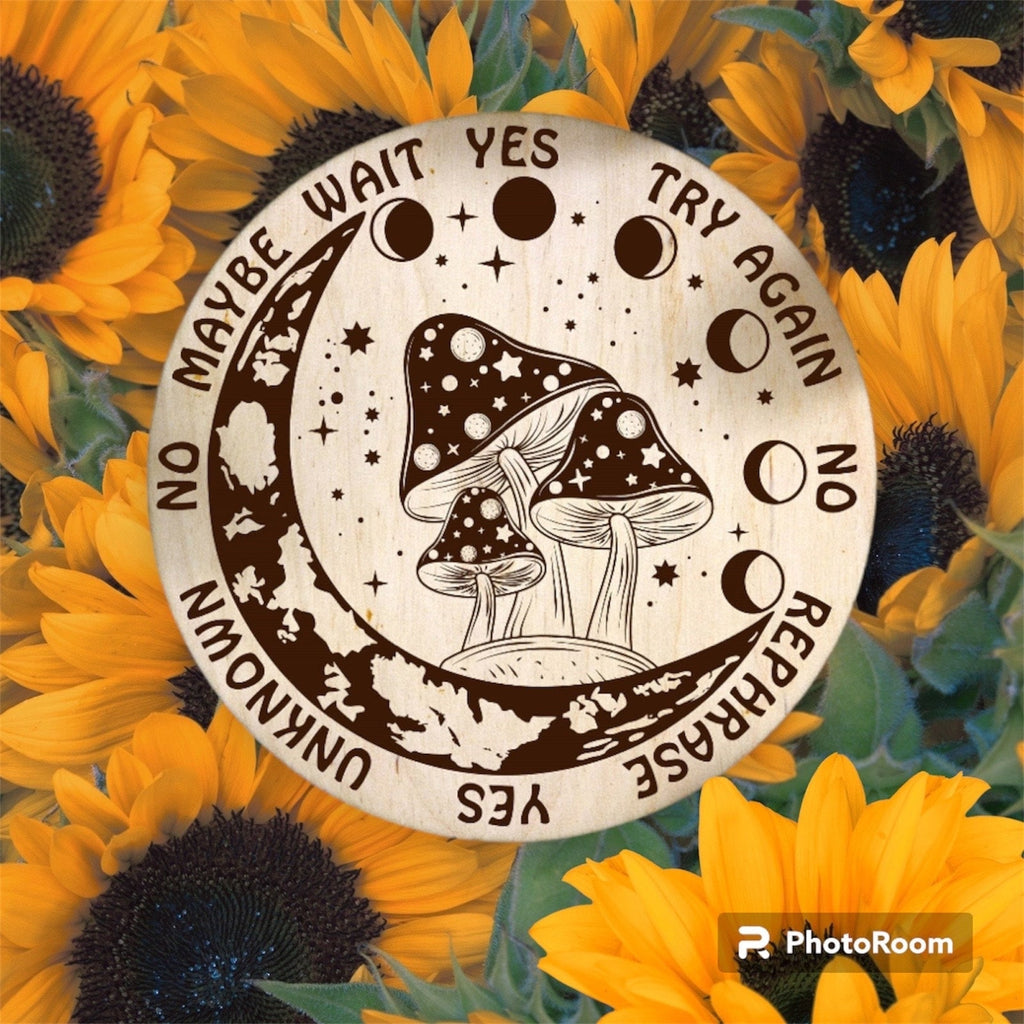Mushroom Moon Pendulum Board: Engraved Wood Divination Tool