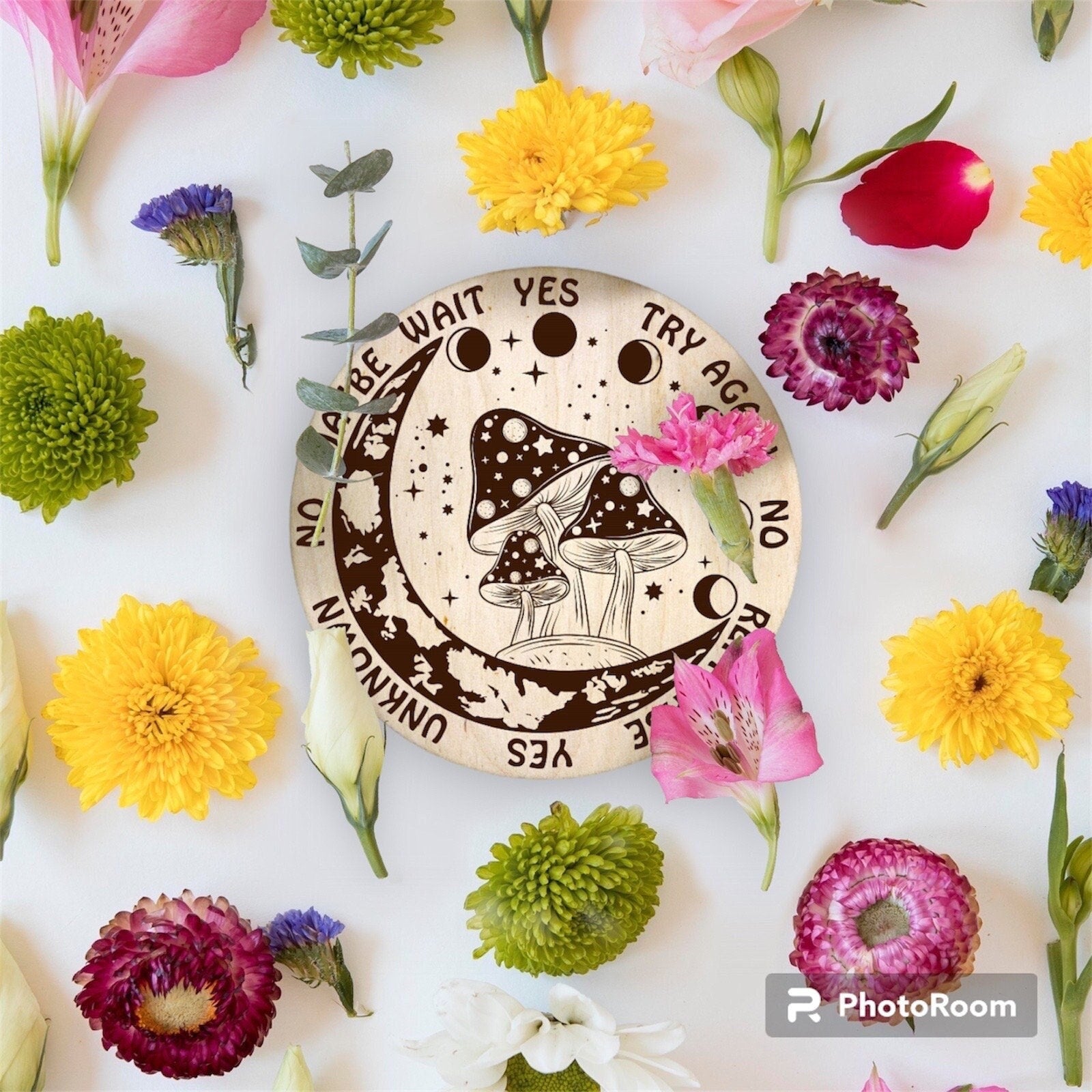 Mushroom Moon Pendulum Board: Engraved Wood Divination Tool