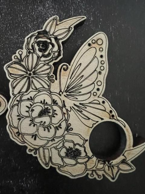 Laser Engraved Wood Crystal Sphere Holder: Moon Flowers Butterfly Design