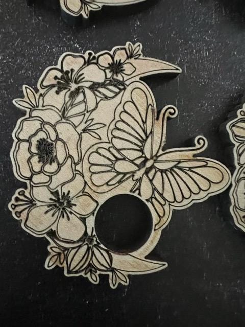 Laser Engraved Wood Crystal Sphere Holder: Moon Flowers Butterfly Design