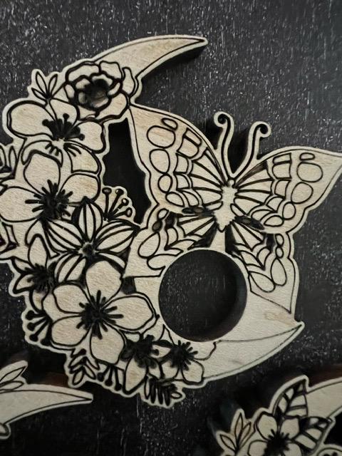 Laser Engraved Wood Crystal Sphere Holder: Moon Flowers Butterfly Design