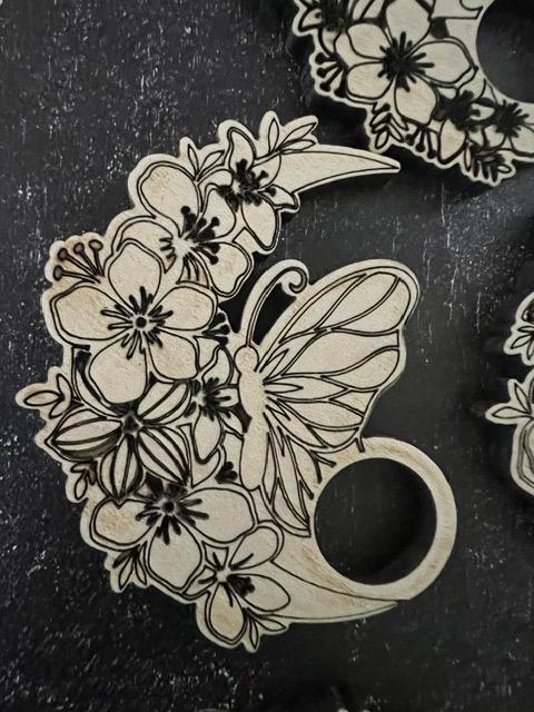 Laser Engraved Wood Crystal Sphere Holder: Moon Flowers Butterfly Design