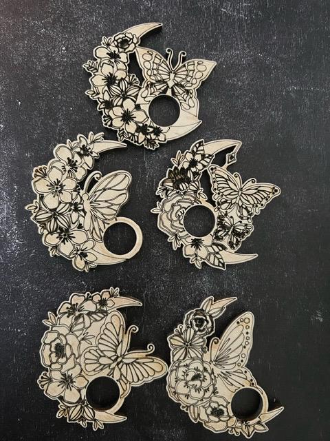 Laser Engraved Wood Crystal Sphere Holder: Moon Flowers Butterfly Design