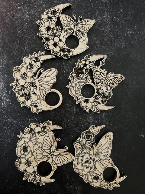 Laser Engraved Wood Crystal Sphere Holder: Moon Flowers Butterfly Design