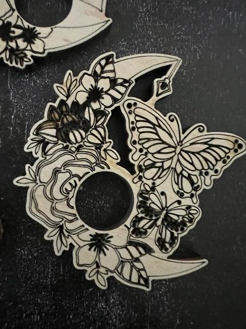 Laser Engraved Wood Crystal Sphere Holder: Moon Flowers Butterfly Design