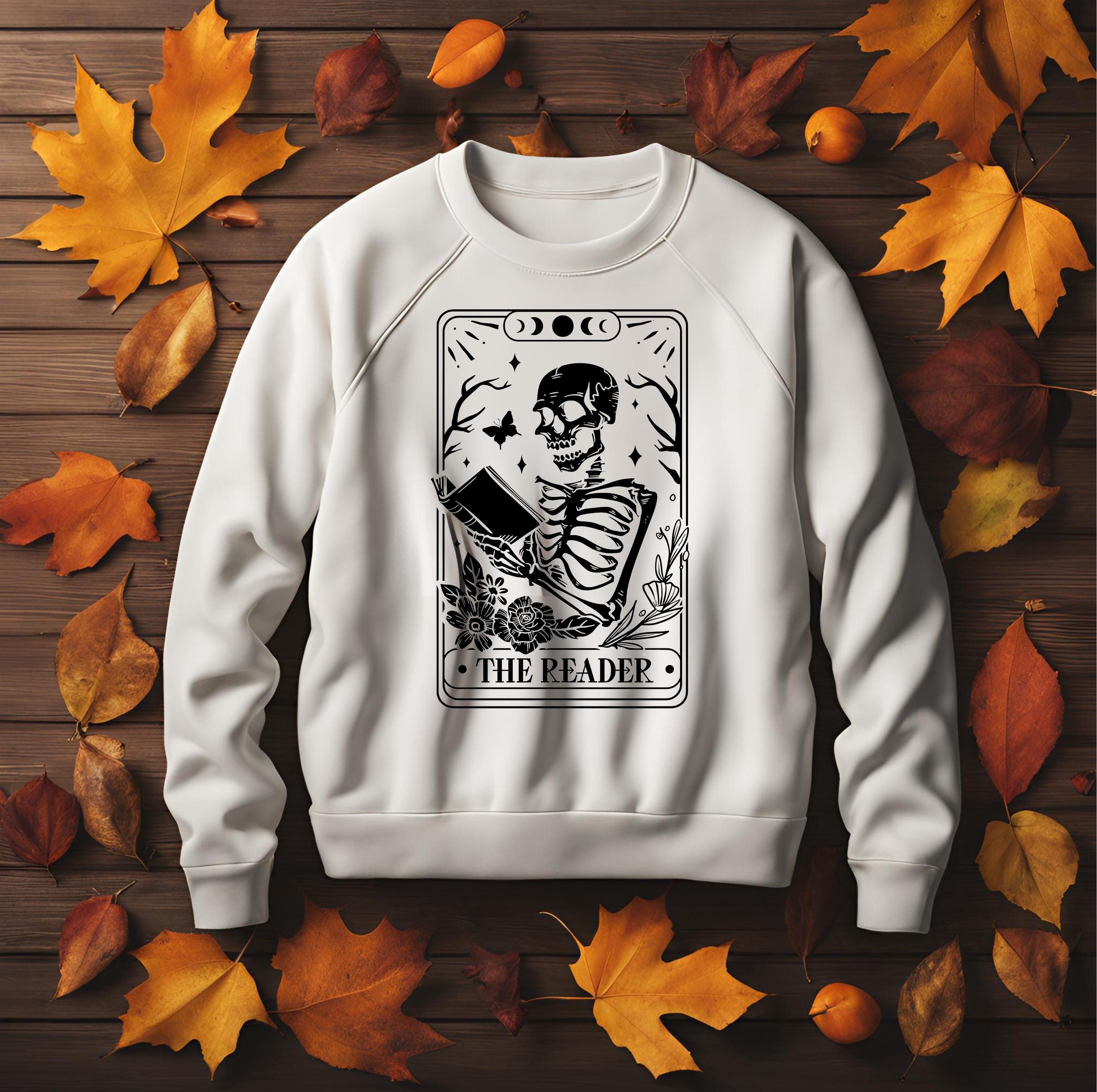 The Reader Tarot Card Sweatshirt: Gothic Skeleton Book Lover Crewneck