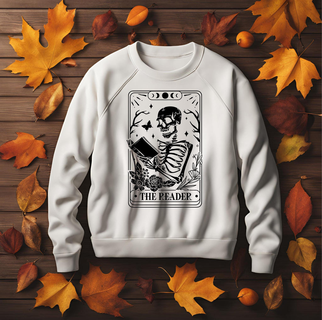 The Reader Tarot Card Sweatshirt: Gothic Skeleton Book Lover Crewneck