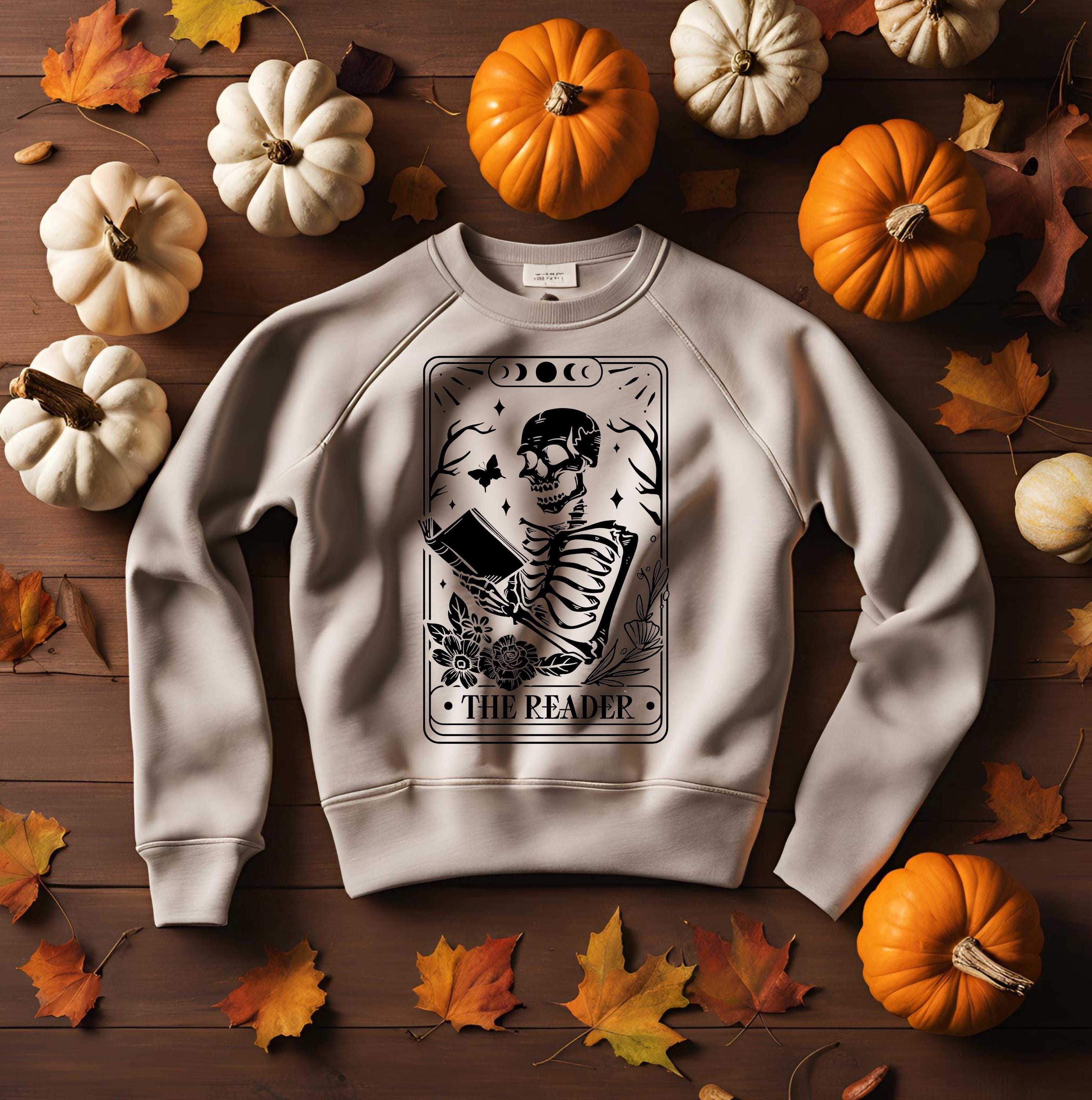 The Reader Tarot Card Sweatshirt: Gothic Skeleton Book Lover Crewneck