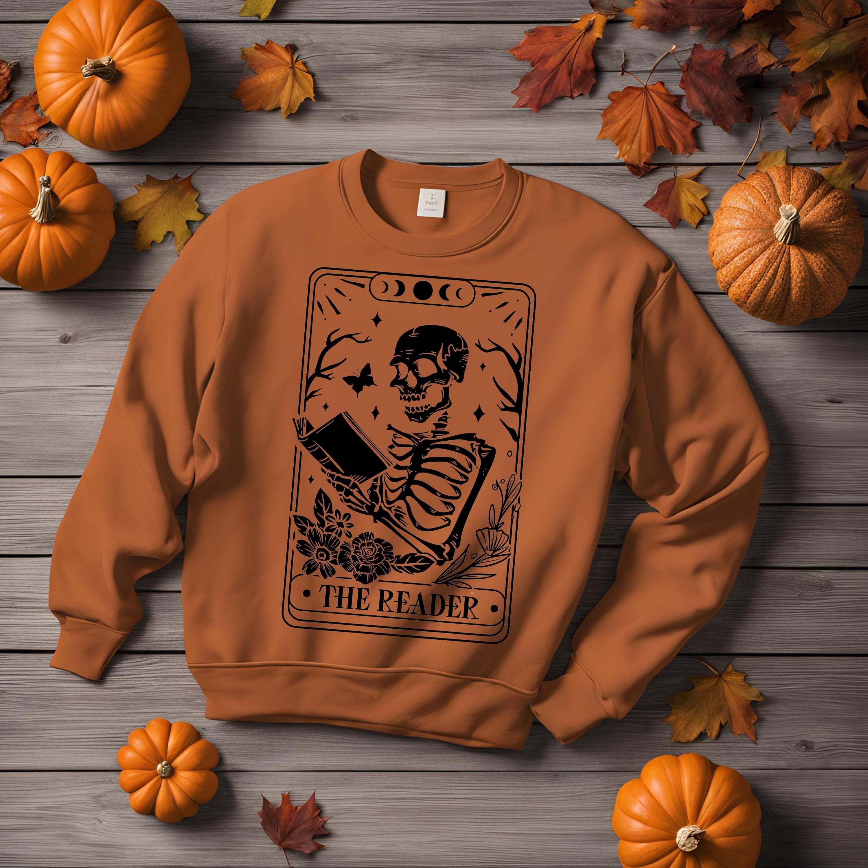 The Reader Tarot Card Sweatshirt: Gothic Skeleton Book Lover Crewneck