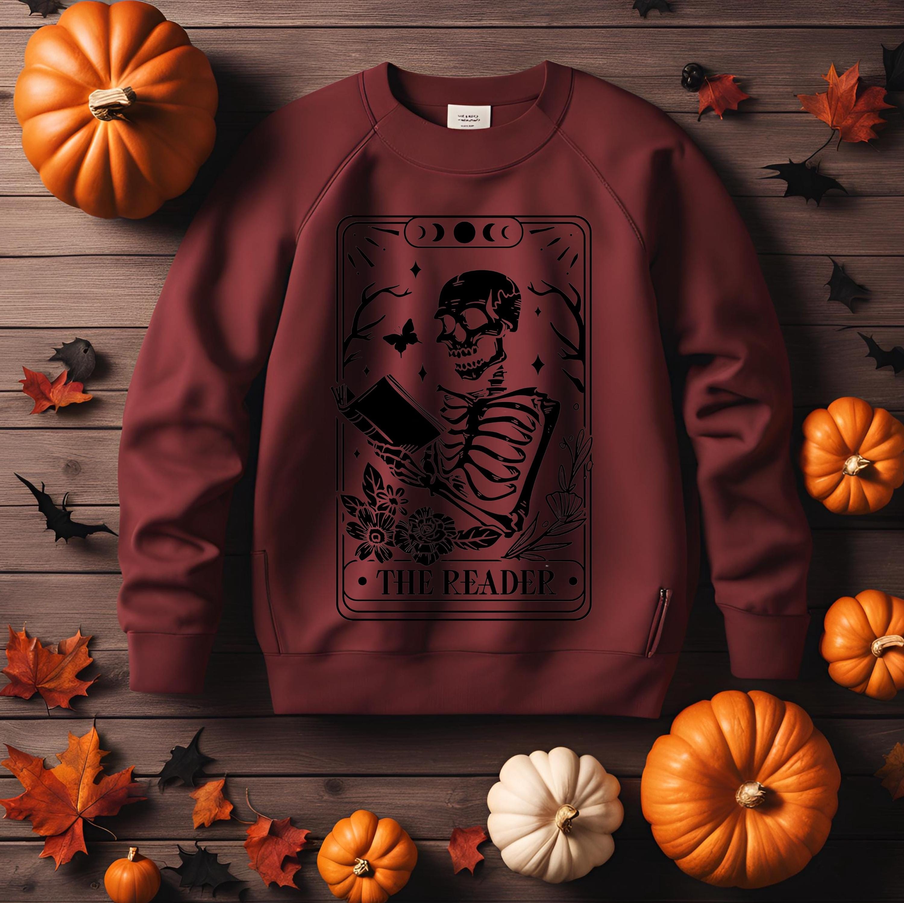 The Reader Tarot Card Sweatshirt: Gothic Skeleton Book Lover Crewneck