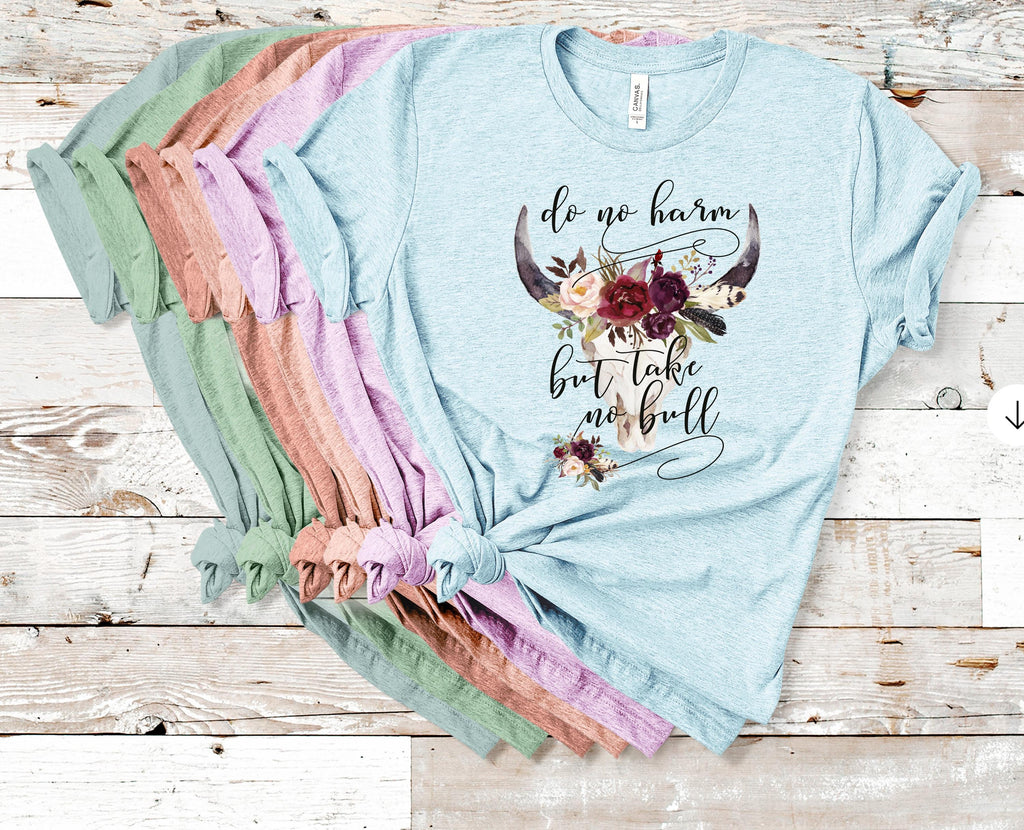 Boho Bull Skull T-Shirt: Do No Harm, Bohemian Western Tee