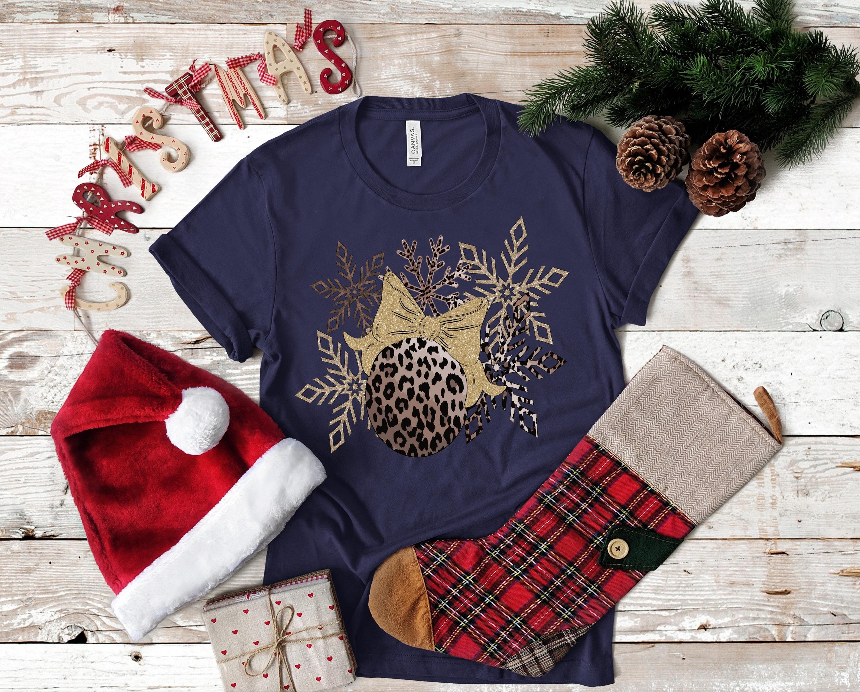 Leopard Christmas Ornament T-Shirt: Silver & Gold Snowflakes, Bella Canvas 3001