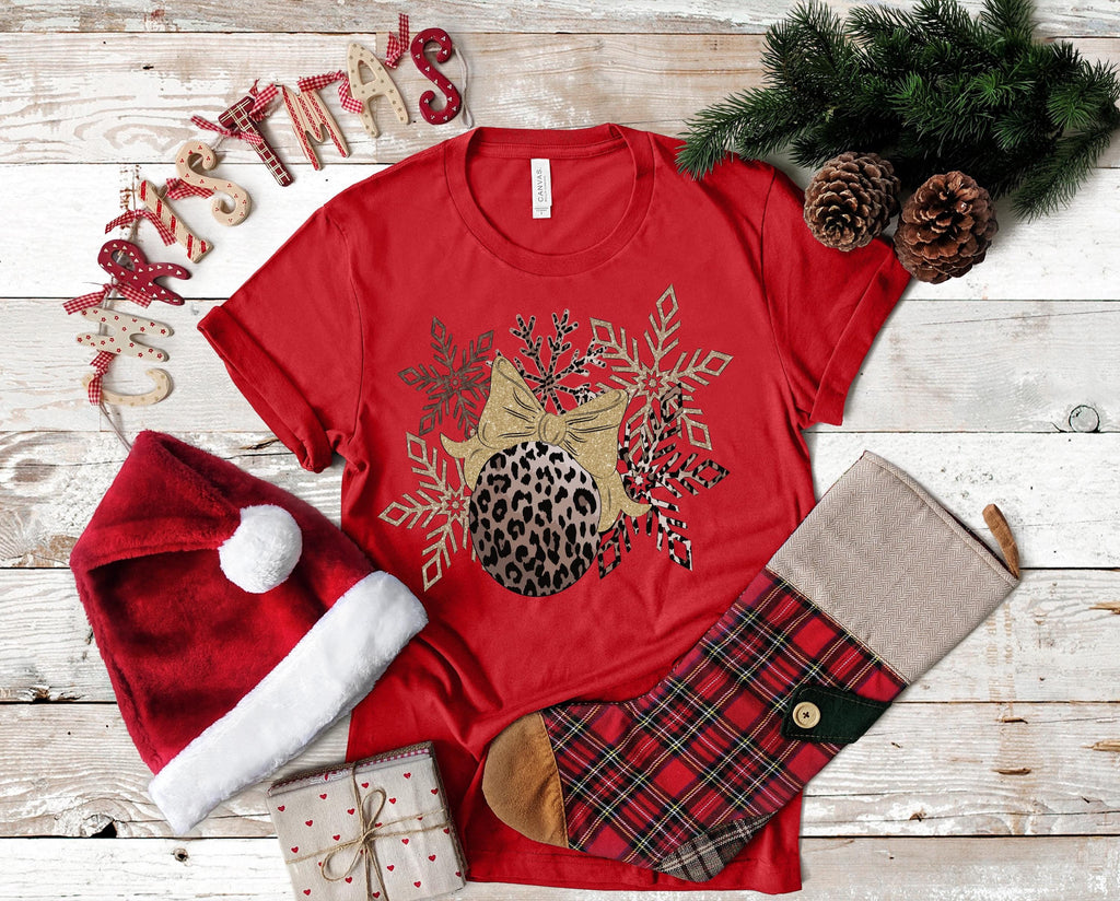 Leopard Christmas Ornament T-Shirt: Silver & Gold Snowflakes, Bella Canvas 3001