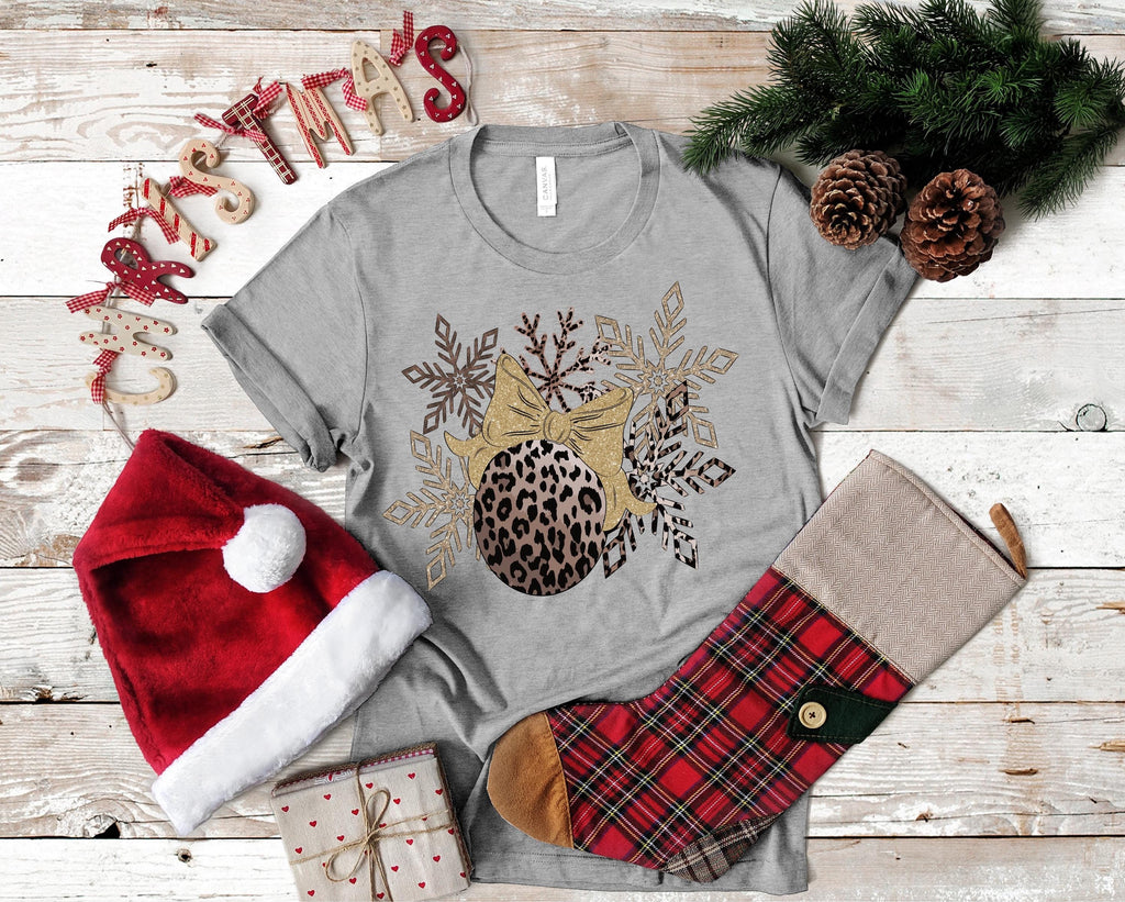 Leopard Christmas Ornament T-Shirt: Silver & Gold Snowflakes, Bella Canvas 3001