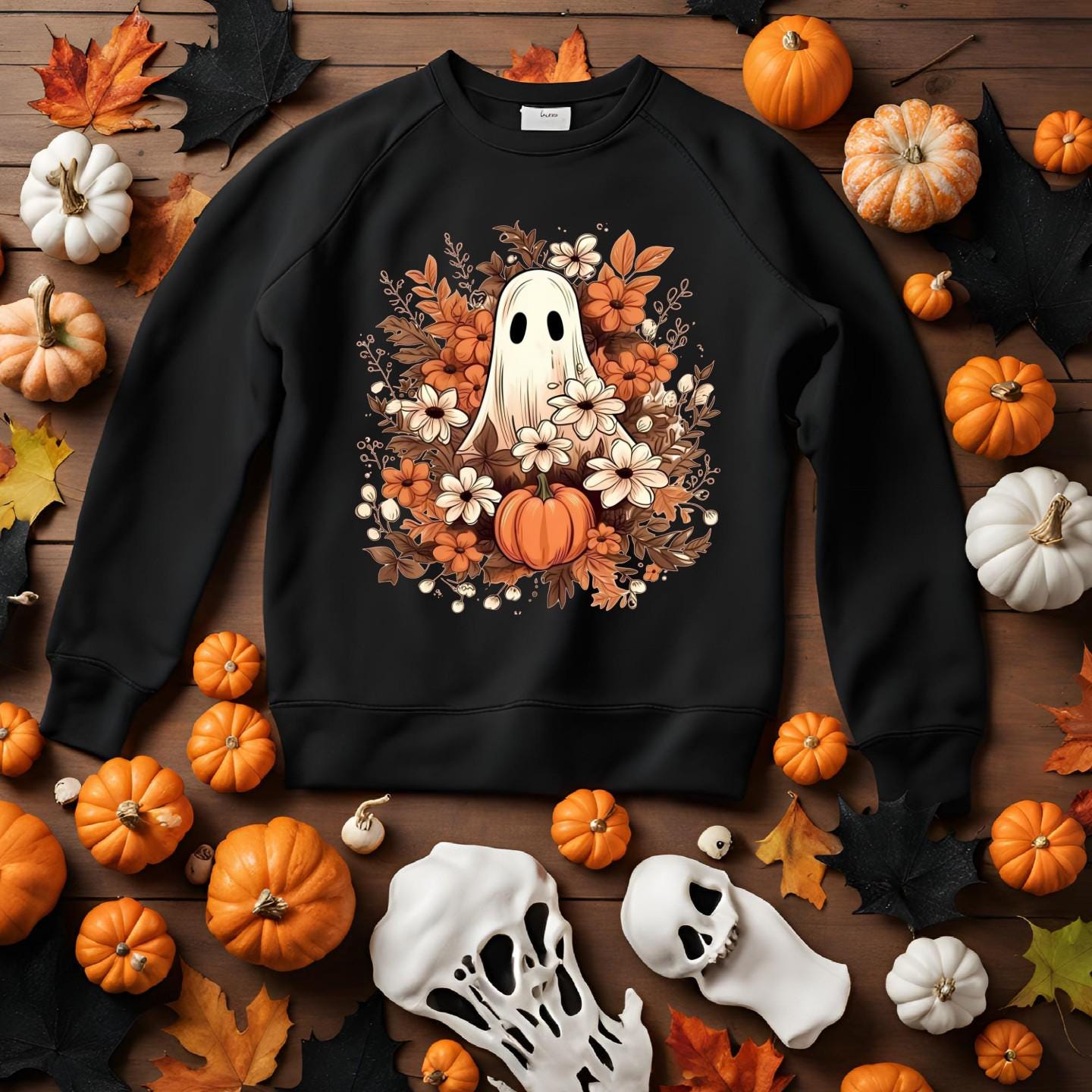Ghost Floral Pumpkin Sweatshirt: Spooky Halloween Crewneck