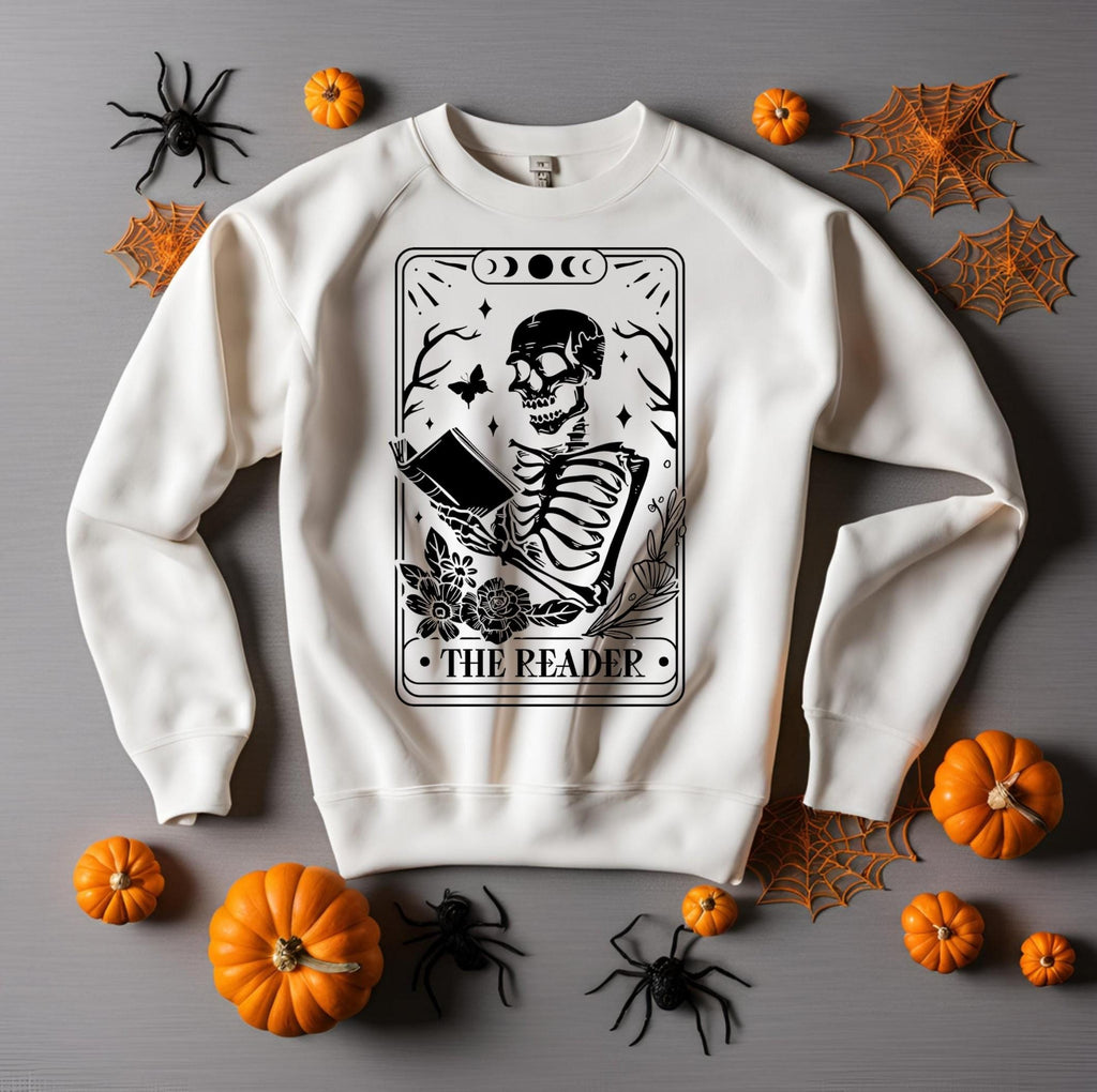 The Reader Tarot Card Sweatshirt: Gothic Skeleton Book Lover Crewneck